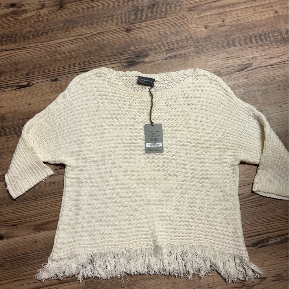 Wooden Ships Billie Fringe Top Cotton Pure Snow Knit Sweater New S/M